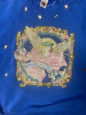 Peace on Earth Crewneck Vintage Sweatshirt Blue Pullover Womens Size L